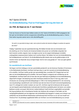 NLF Opinie 2018/46 De Dividendbelasting: Paul En Fred Leggen Het Nog Één Keer Uit Mr