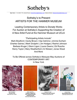 Leading Contemporary Artists to Donate Works for Auction at Sotheby's Supporting The