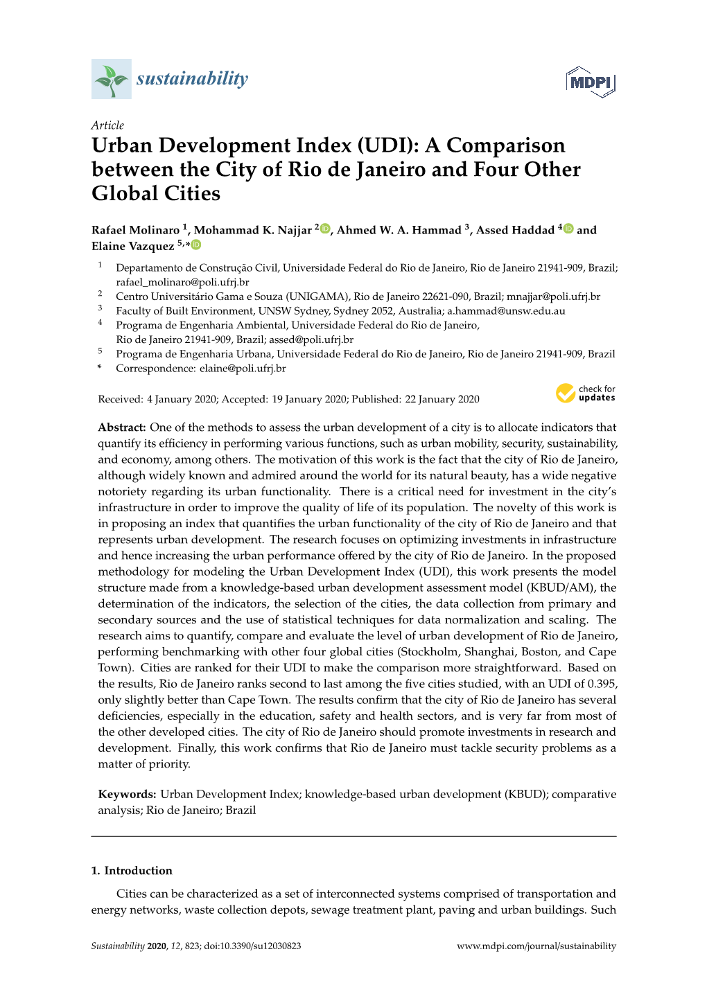 Urban Development Index (UDI): a Comparison Between the City of Rio De Janeiro and Four Other Global Cities