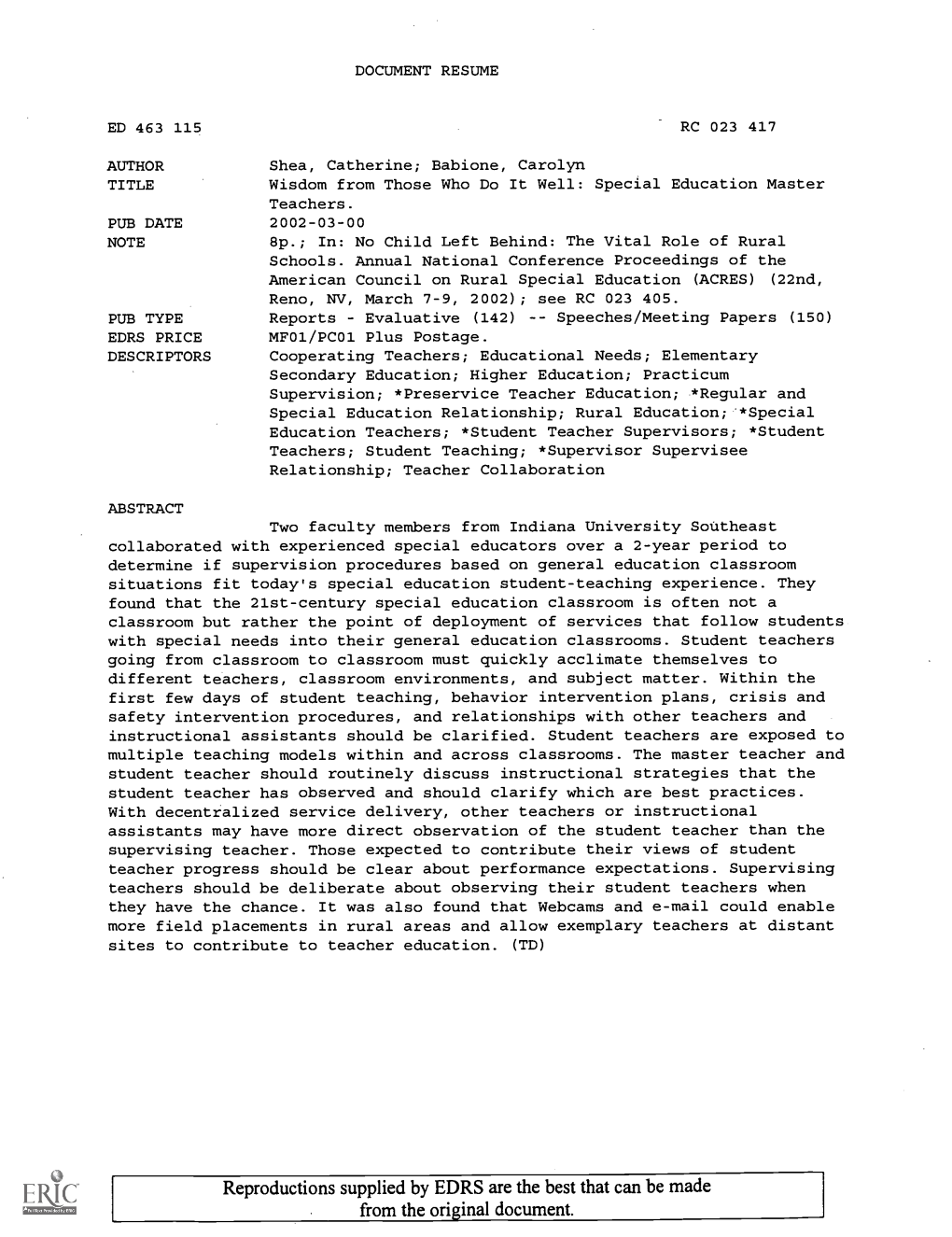 Wisdom from Those Who Do It Well: Special Education Master Teachers. PUB DATE 2002-03-00 NOTE 8P.; In: No Child Left Behind: the Vital Role of Rural Schools