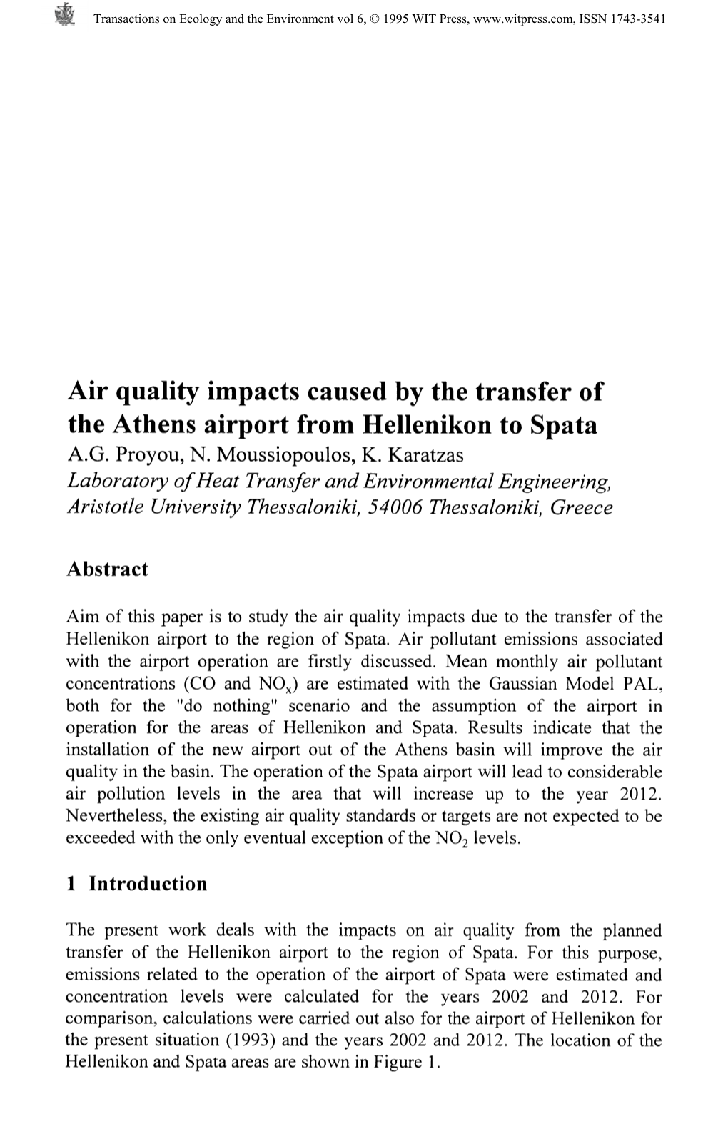 Air Quality Impacts Caused by the Transfer of the Athens Airport from Hellenikon to Spata A.G