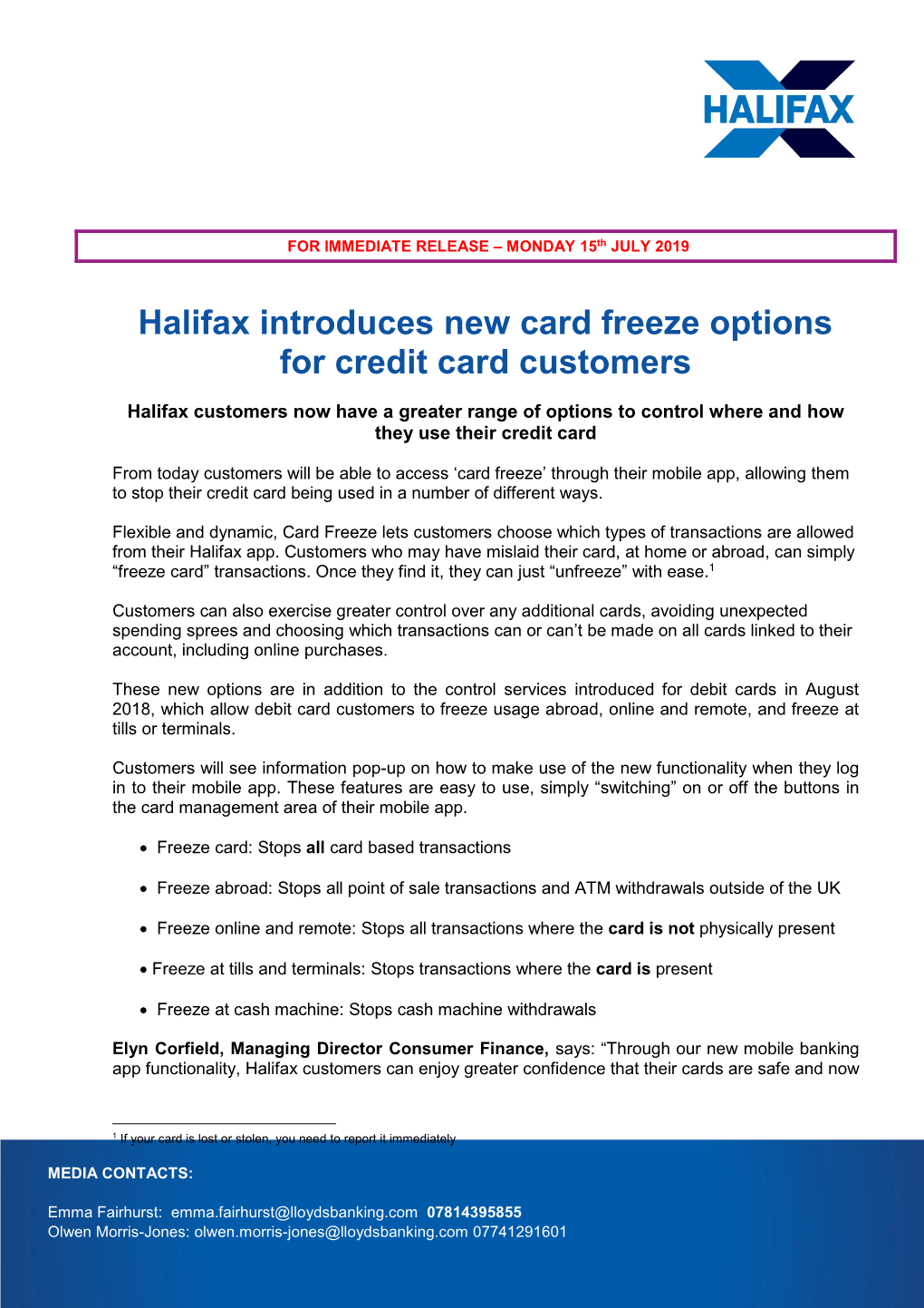 Halifax Introduces New Card Freeze Options for Credit Card Customers