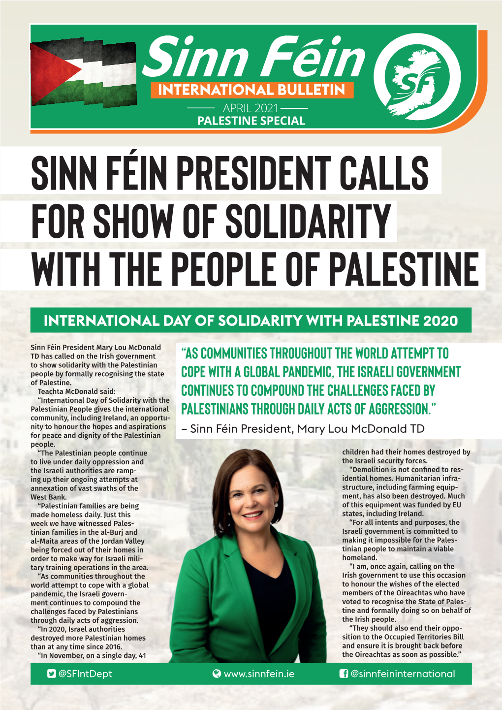 Sinn Féin President Calls for Show of Solidarity with the People of Palestine