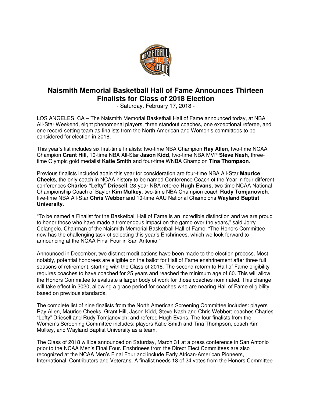 Naismith Memorial Basketball Hall of Fame Announces Thirteen Finalists for Class of 2018 Election - Saturday, February 17, 2018