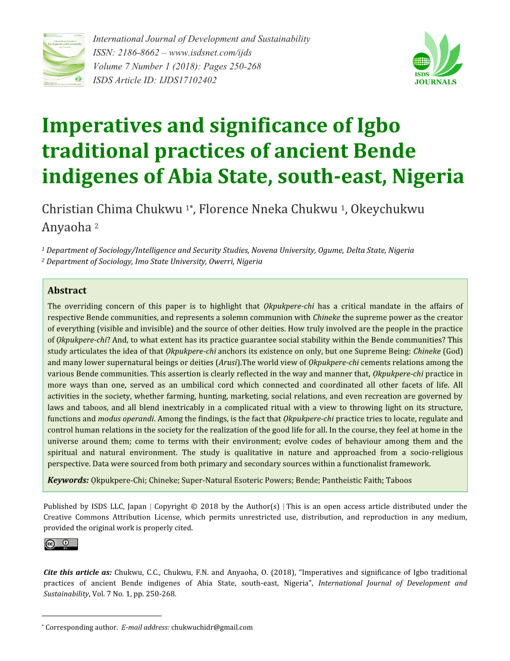 Imperatives and Significance of Igbo Traditional Practices of Ancient Bende Indigenes of Abia State, South-East, Nigeria