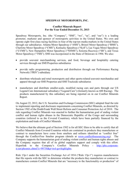 SPEEDWAY MOTORSPORTS, INC. Conflict Minerals Report for the Year Ended December 31, 2013 Speedway Motorsports, Inc