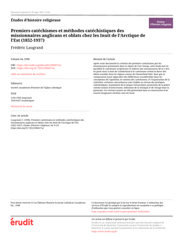 Premiers Catéchismes Et Méthodes Catéchistiques Des Missionnaires Anglicans Et Oblats Chez Les Inuit De L'arctique De L'est (1852-1937)