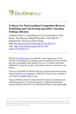 Evidence for Plant-Mediated Competition Between Defoliating and Gall-Forming Specialists Attacking Solidago Altissima Author(S): Ellery T