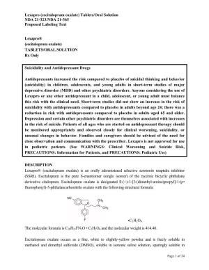 Lexapro (Escitalopram Oxalate) Tablets/Oral Solution NDA 21-323/NDA 21-365 Proposed Labeling Text