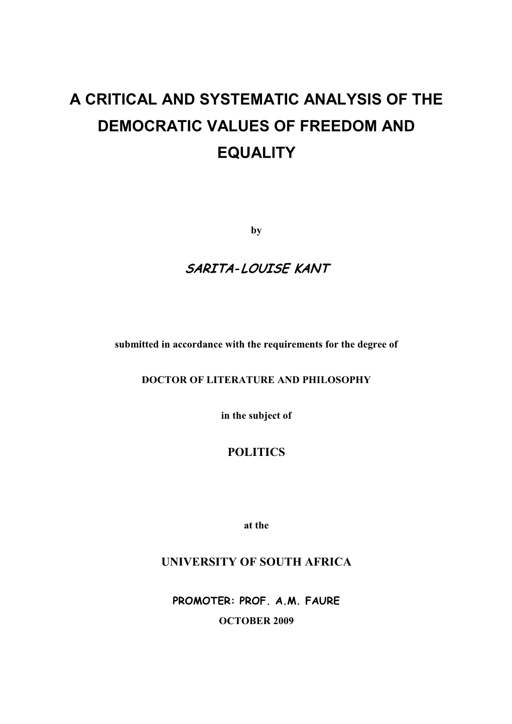 A Critical and Systematic Analysis of the Democratic Values of Freedom and Equality