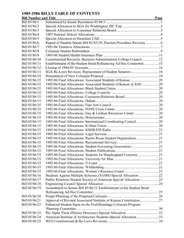 1985-1986 BILLS TABLE of CONTENTS Bill Number and Title Page Bill 85/86/1 Substituted by Senate Resolution 85/86/3
