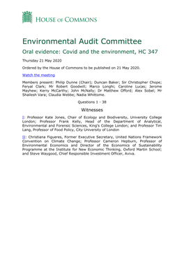 Environmental Audit Committee Oral Evidence: Covid and the Environment, HC 347