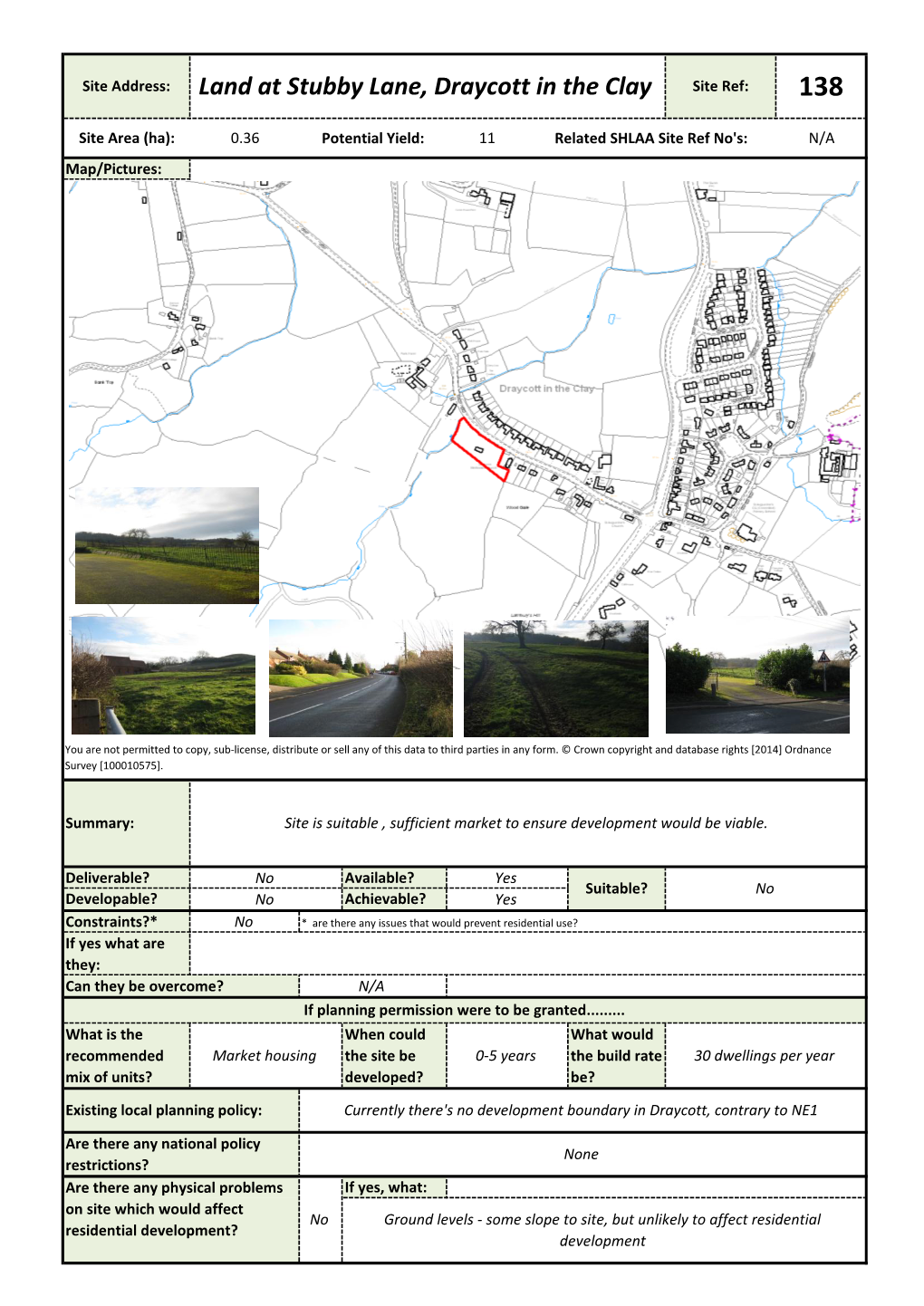 Land at Stubby Lane, Draycott in the Clay Site Ref: 138