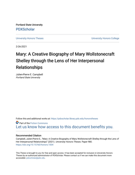 A Creative Biography of Mary Wollstonecraft Shelley Through the Lens of Her Interpersonal Relationships