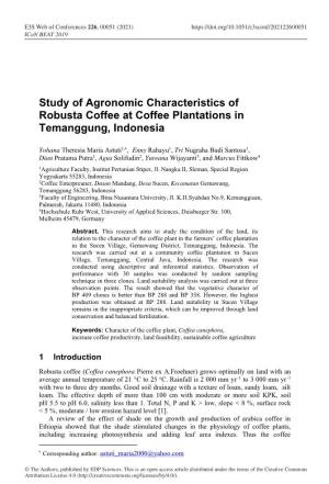 Study of Agronomic Characteristics of Robusta Coffee at Coffee Plantations in Temanggung, Indonesia