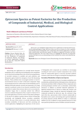 Epicoccum Species As Potent Factories for the Production of Compounds of Industrial, Medical, and Biological Control Applications