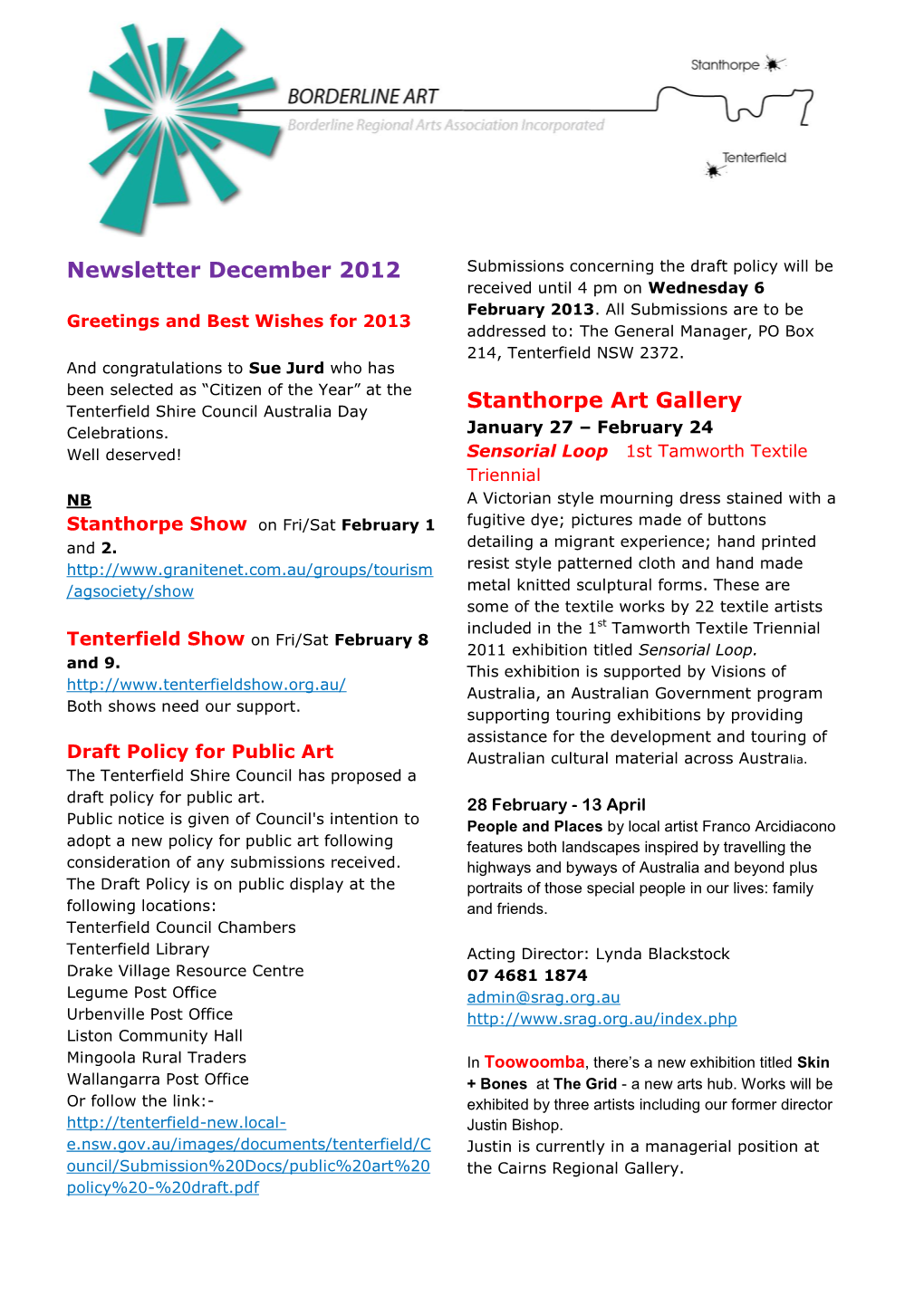 Newsletter December 2012 Stanthorpe Art Gallery