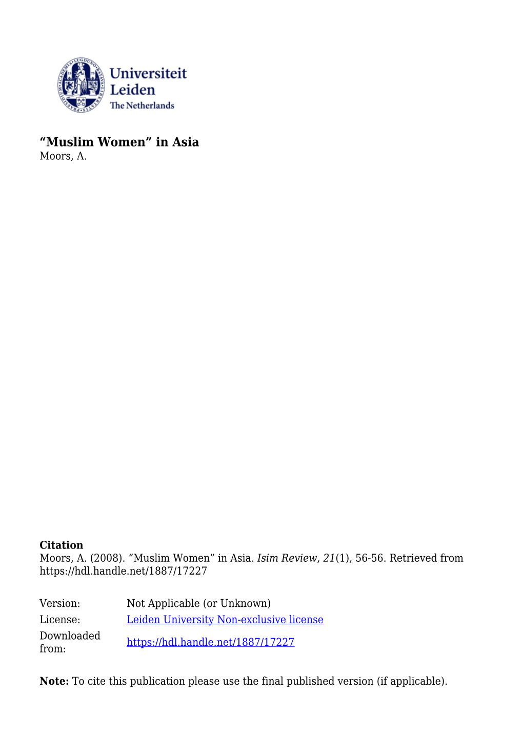 “Muslim Women” in Asia Moors, A