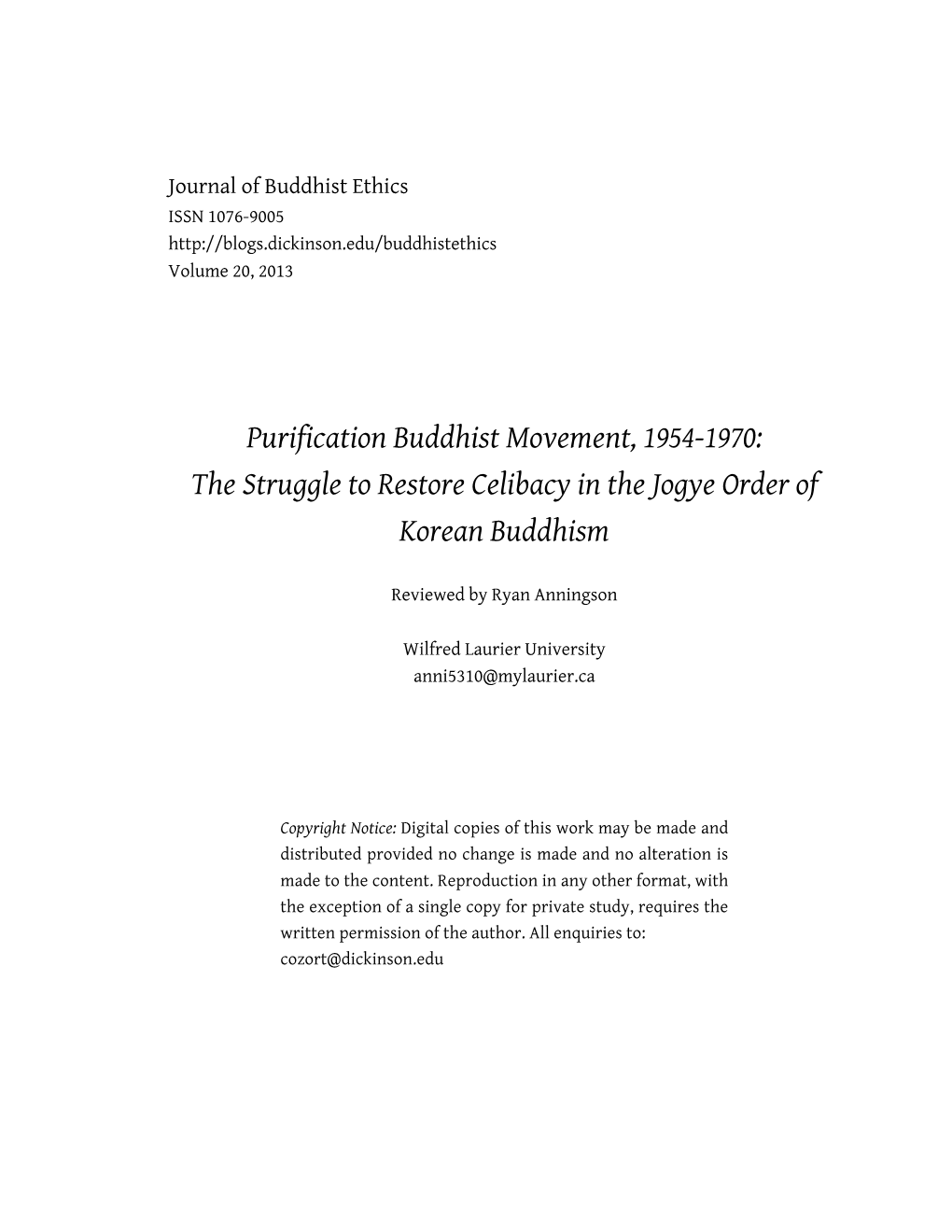 Purification Buddhist Movement, 1954-1970: the Struggle to Restore Celibacy in the Jogye Order of Korean Buddhism