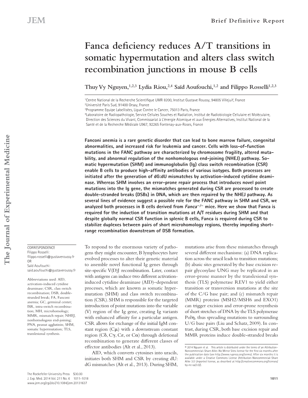 Fanca Deficiency Reduces A/T Transitions in Somatic Hypermutation and Alters Class Switch Recombination Junctions in Mouse B Cells