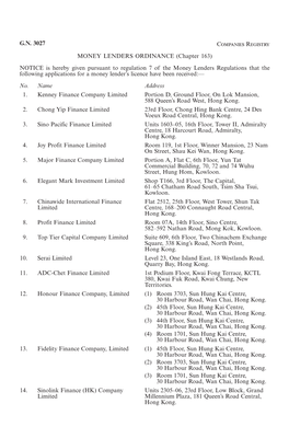 G.N. 3027 Companies Registry MONEY LENDERS ORDINANCE