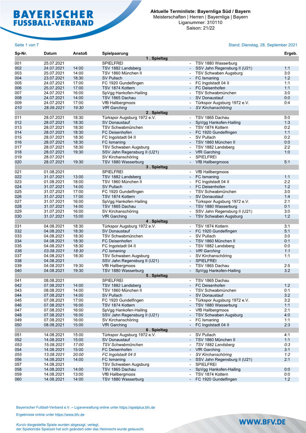 Aktuelle Terminliste: Bayernliga Süd / Bayern Meisterschaften | Herren | Bayernliga | Bayern Liganummer: 310110 Saison: 21/22