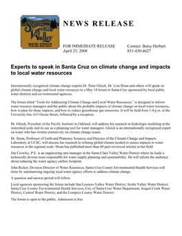 Experts to Speak in Santa Cruz on Climate Change and Impacts to Local Water Resources