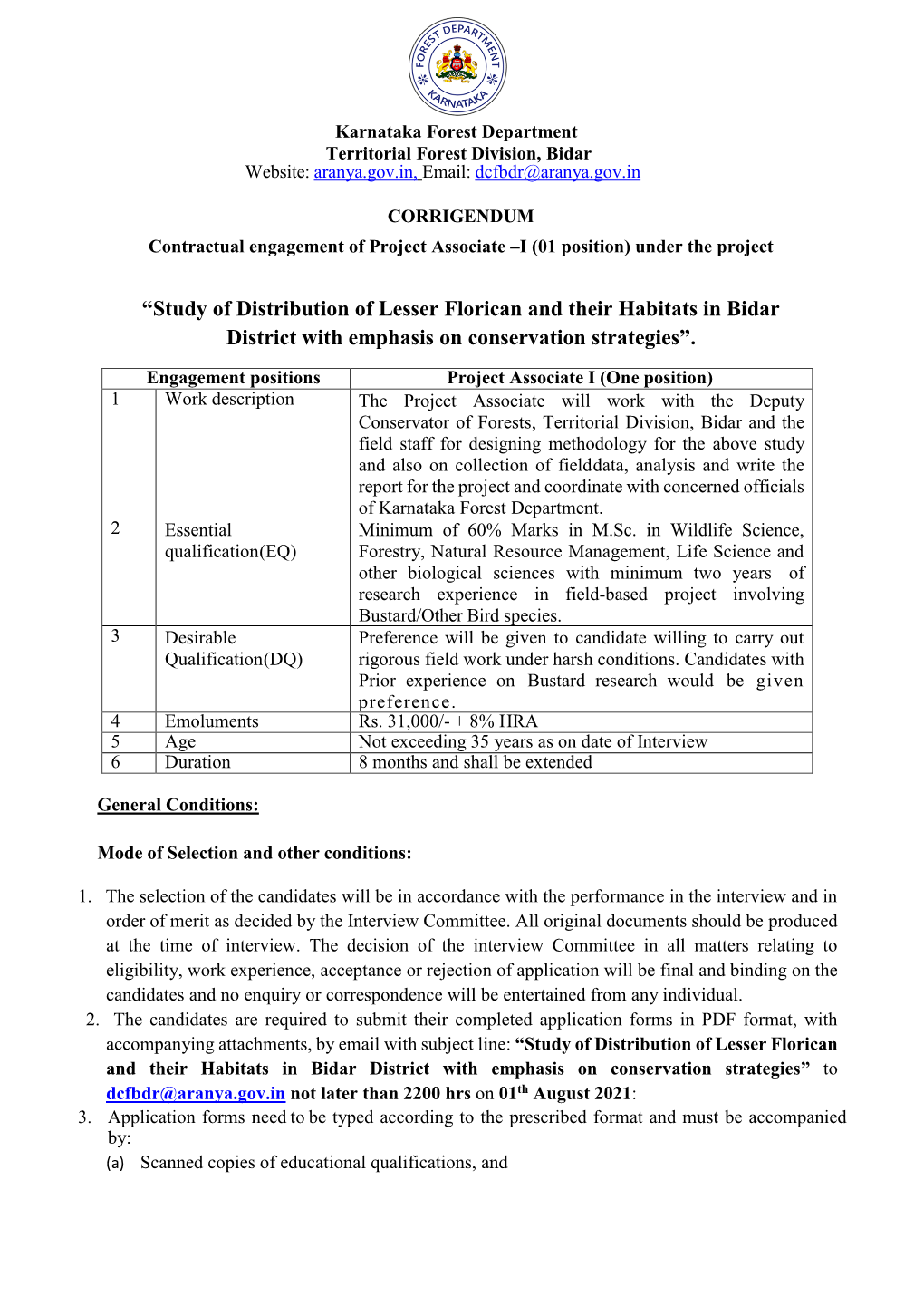 “Study of Distribution of Lesser Florican and Their Habitats in Bidar District with Emphasis on Conservation Strategies”