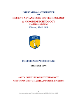 RECENT ADVANCES in BIOTECHNOLOGY & NANOBIOTECHNOLOGY (Int-BIONANO-2016) February 10-12, 2016