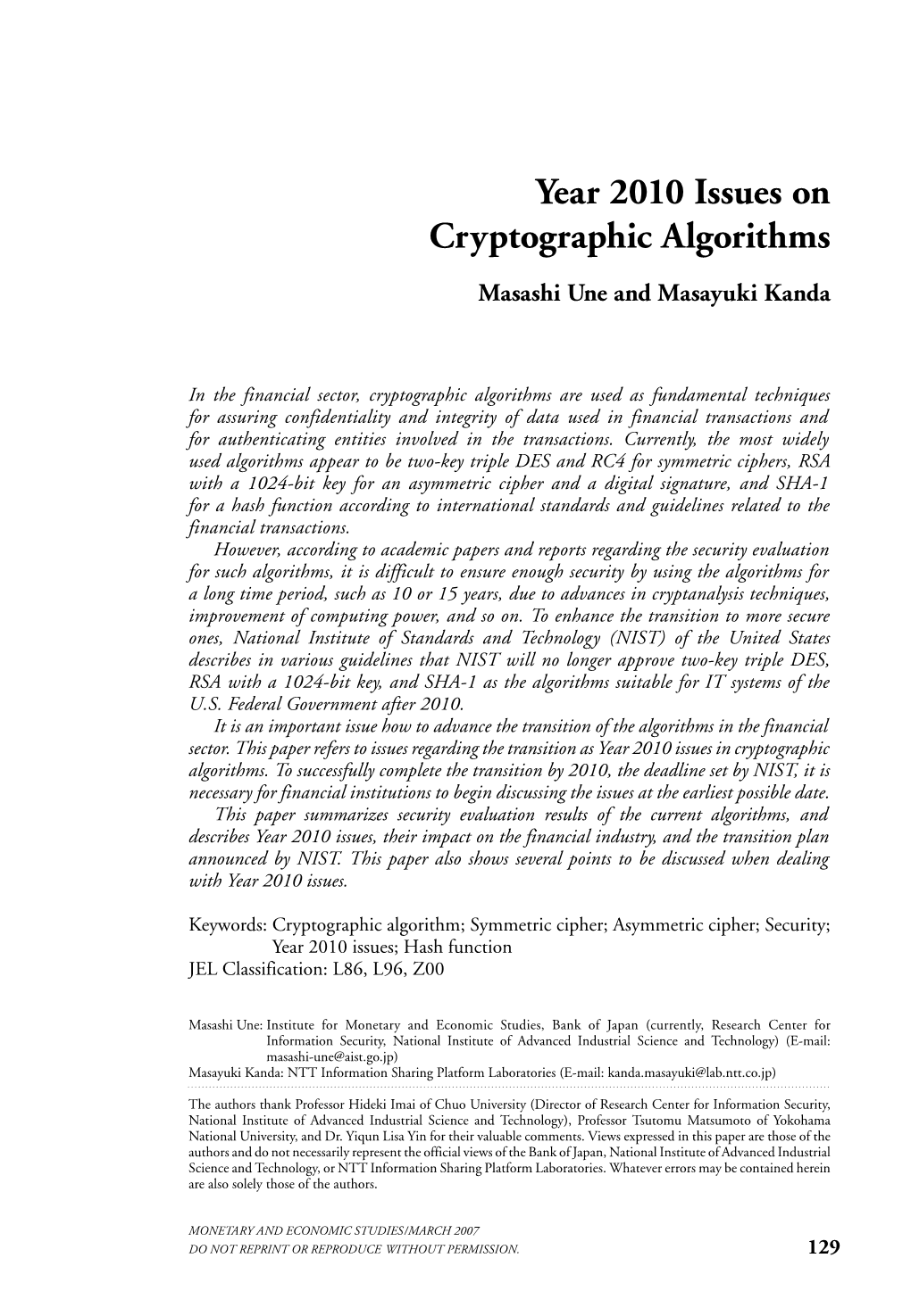 Year 2010 Issues on Cryptographic Algorithms