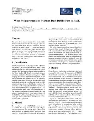 Wind Measurements of Martian Dust Devils from Hirise