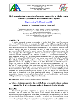 Hydro-Geochemical Evaluation of Groundwater Quality in Akoko North West Local Government Area of Ondo State, Nigeria