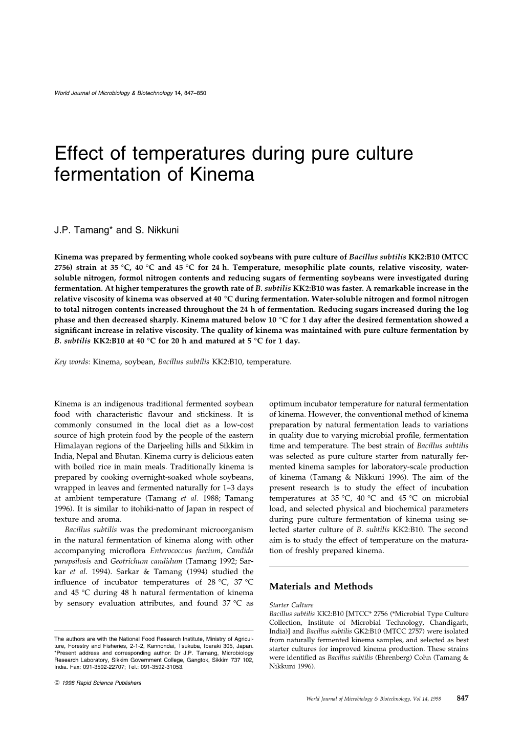 Effect of Temperatures During Pure Culture Fermentation of Kinema