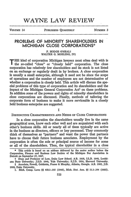Problems of Minority Shareholders in Michigan Close Corporations* F