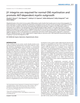 Β1 Integrins Are Required for Normal CNS Myelination and Promote AKT-Dependent Myelin Outgrowth Claudia S