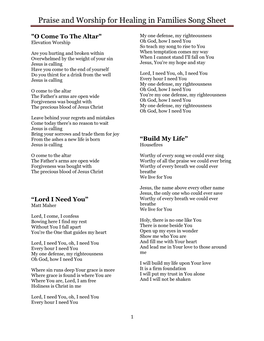 Praise and Worship for Healing in Families Song Sheet