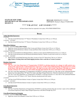 STATE of NEW YORK RELEASE: IMMEDIATE 2/15/2019 DEPARTMENT of TRANSPORTATION CONTACT: Thomas G
