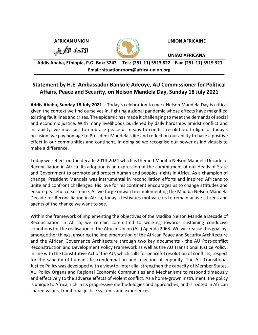 Statement by H.E. Ambassador Bankole Adeoye, AU Commissioner for Political Affairs, Peace and Security, on Nelson Mandela Day, Sunday 18 July 2021