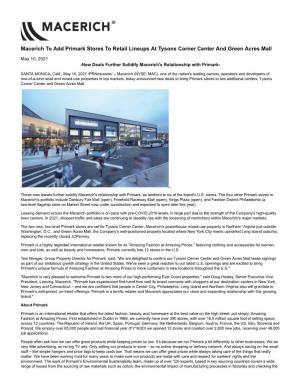 Macerich to Add Primark Stores to Retail Lineups at Tysons Corner Center and Green Acres Mall