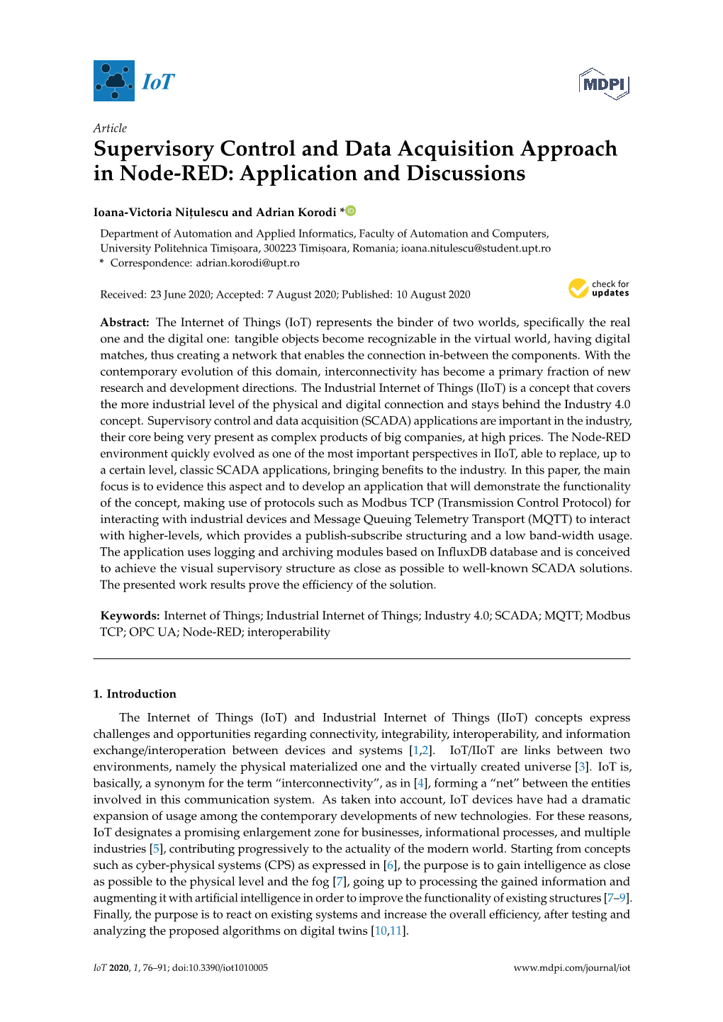 Supervisory Control and Data Acquisition Approach in Node-RED: Application and Discussions
