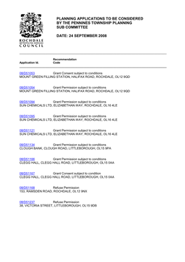 Planning Applications to Be Considered by the Pennines Township Planning Sub Committee