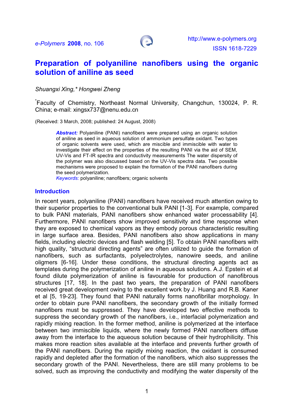 Preparation of Polyaniline Nanofibers Using the Organic Solution of Aniline As Seed