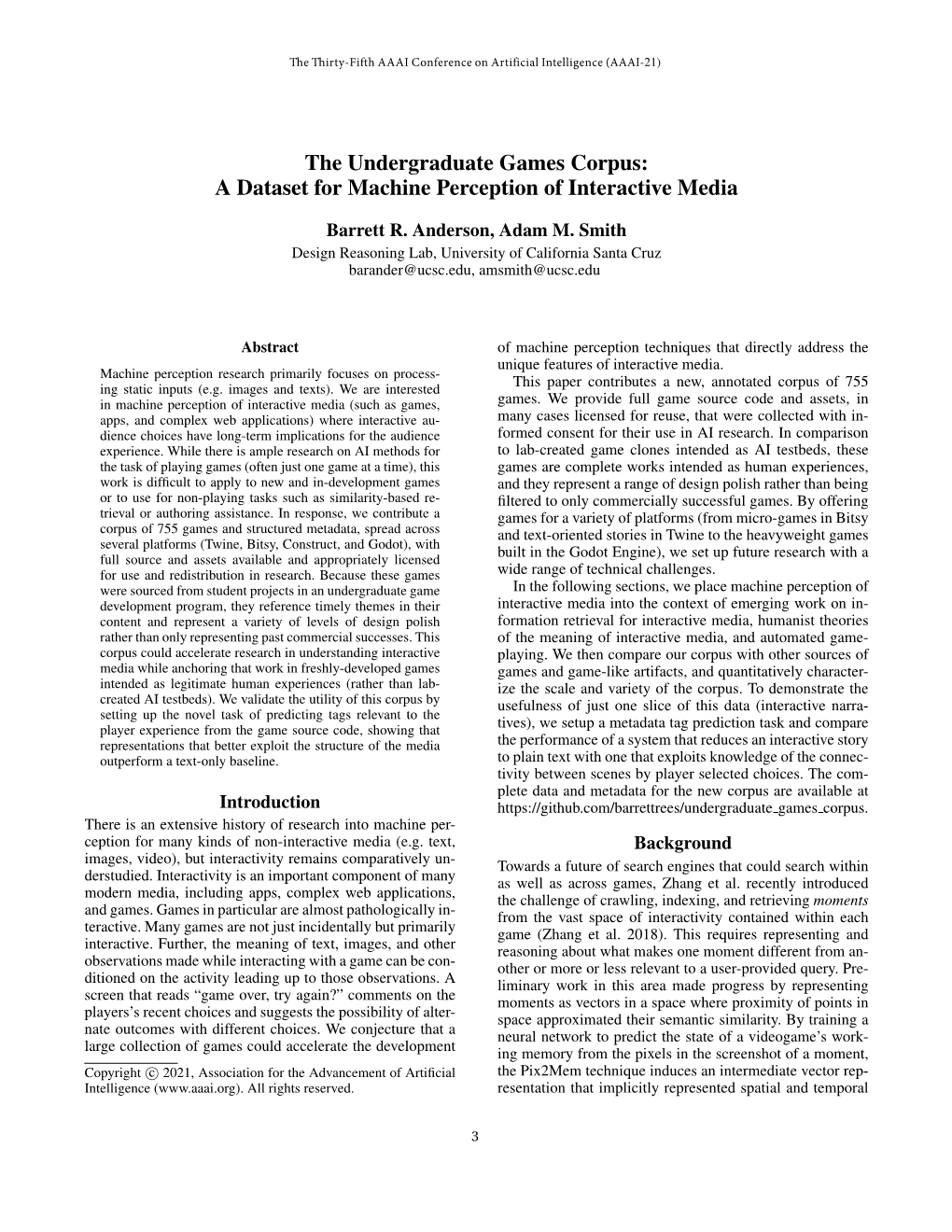 The Undergraduate Games Corpus: a Dataset for Machine Perception of Interactive Media