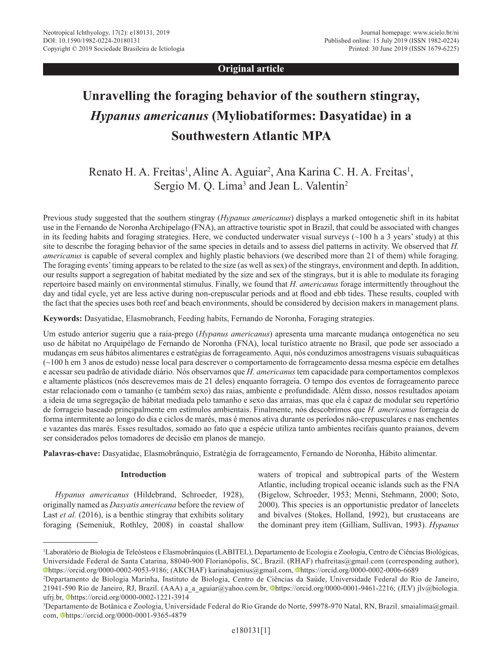 Unravelling the Foraging Behavior of the Southern Stingray, Hypanus Americanus (Myliobatiformes: Dasyatidae) in a Southwestern Atlantic MPA