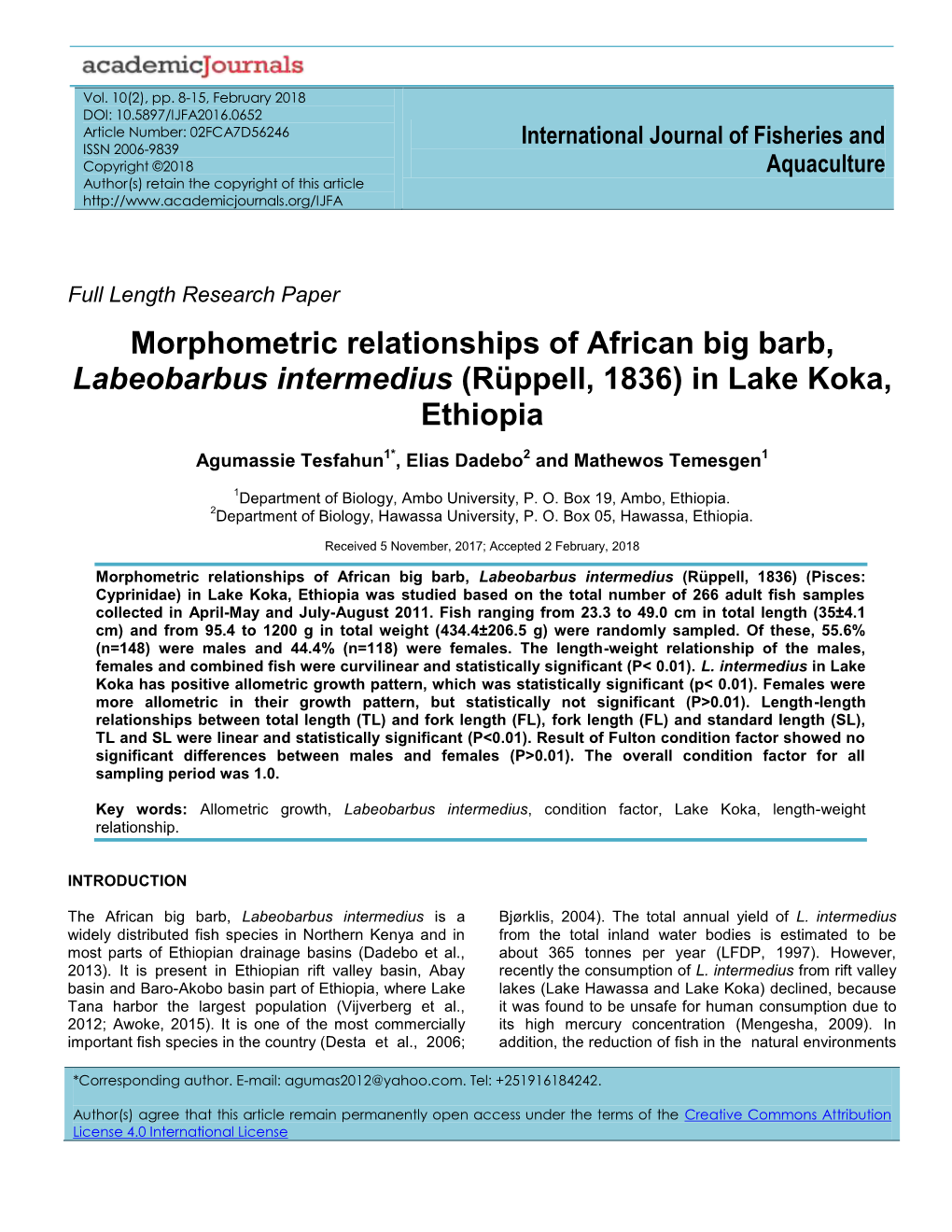 Morphometric Relationships of African Big Barb, Labeobarbus Intermedius (Rüppell, 1836) in Lake Koka, Ethiopia