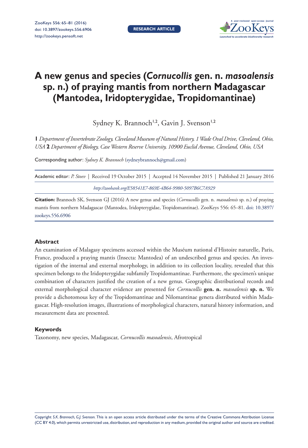 Cornucollis Gen. N. Masoalensis Sp. N.) of Praying Mantis from Northern Madagascar (Mantodea, Iridopterygidae, Tropidomantinae