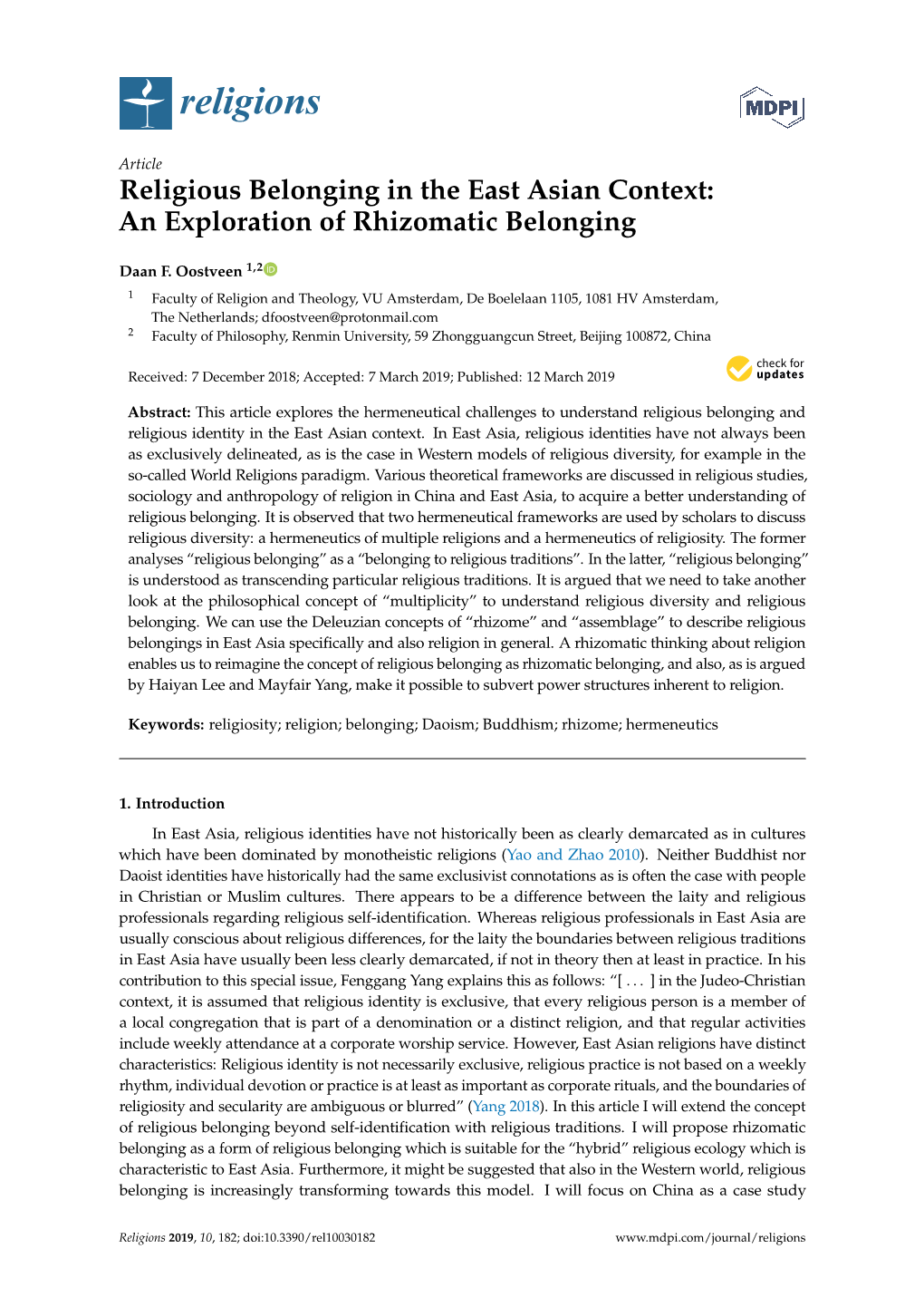 Religious Belonging in the East Asian Context: an Exploration of Rhizomatic Belonging