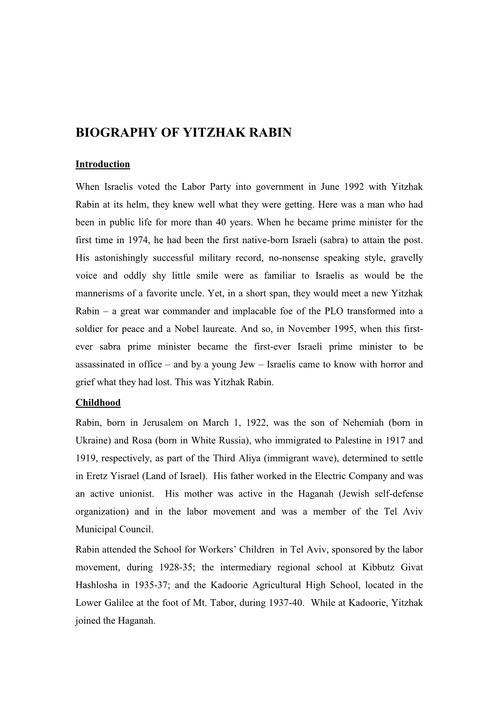 Biography of Yitzhak Rabin