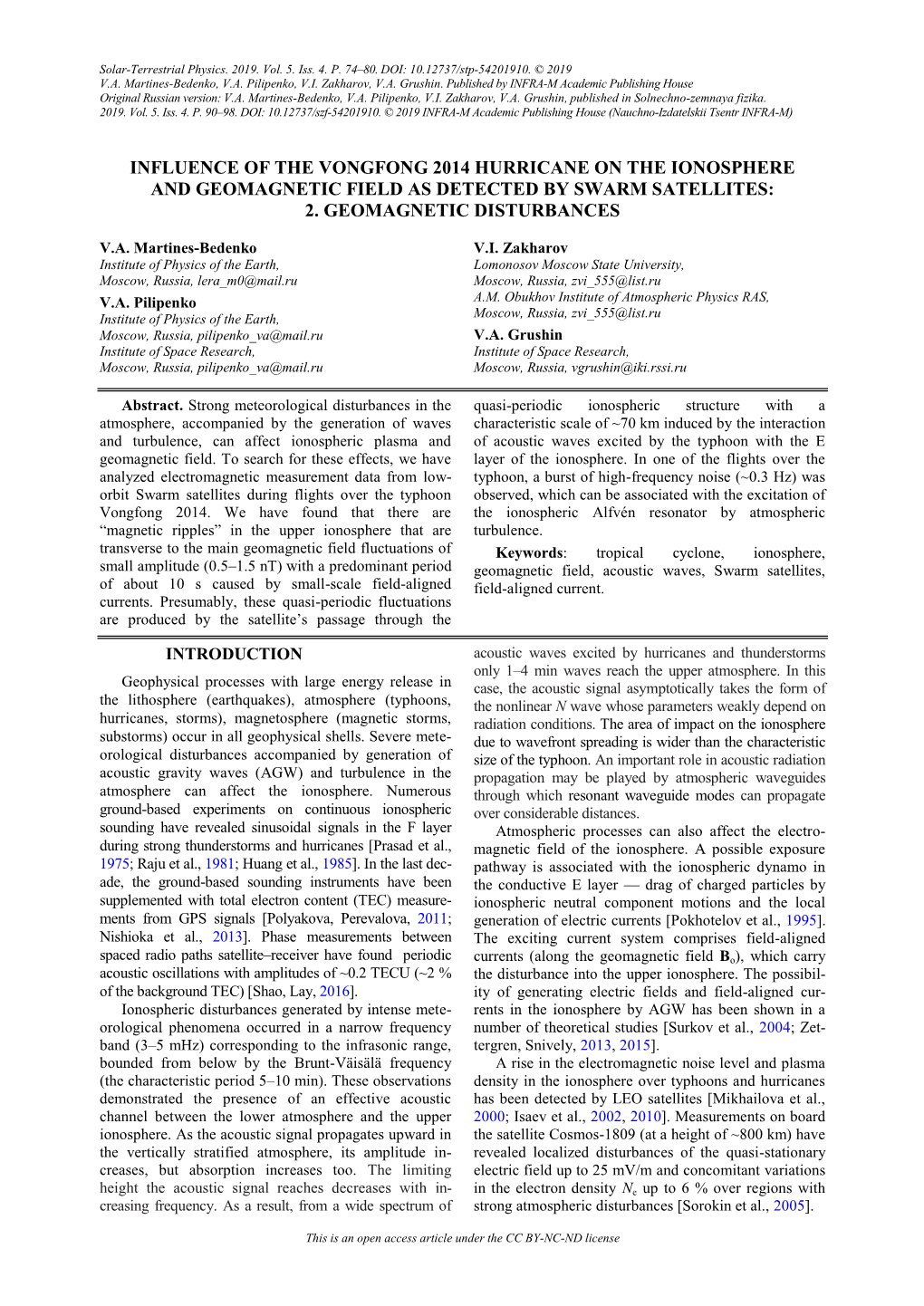 Influence of the Vongfong 2014 Hurricane on the Ionosphere and Geomagnetic Field As Detected by Swarm Satellites: 2