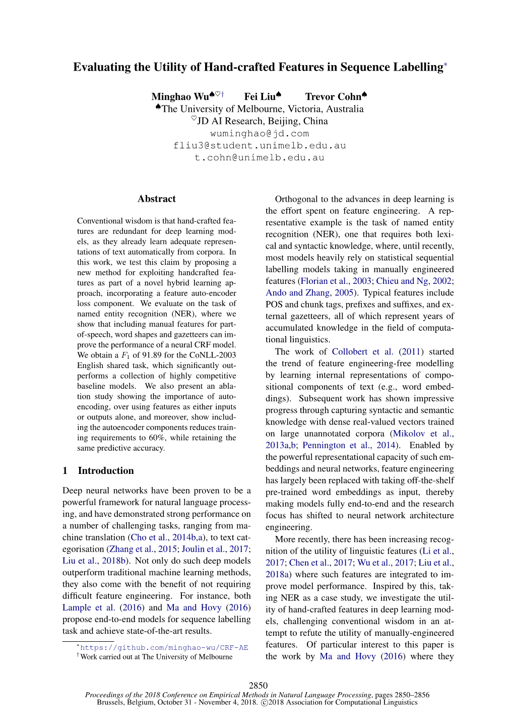 Evaluating the Utility of Hand-Crafted Features in Sequence Labelling∗